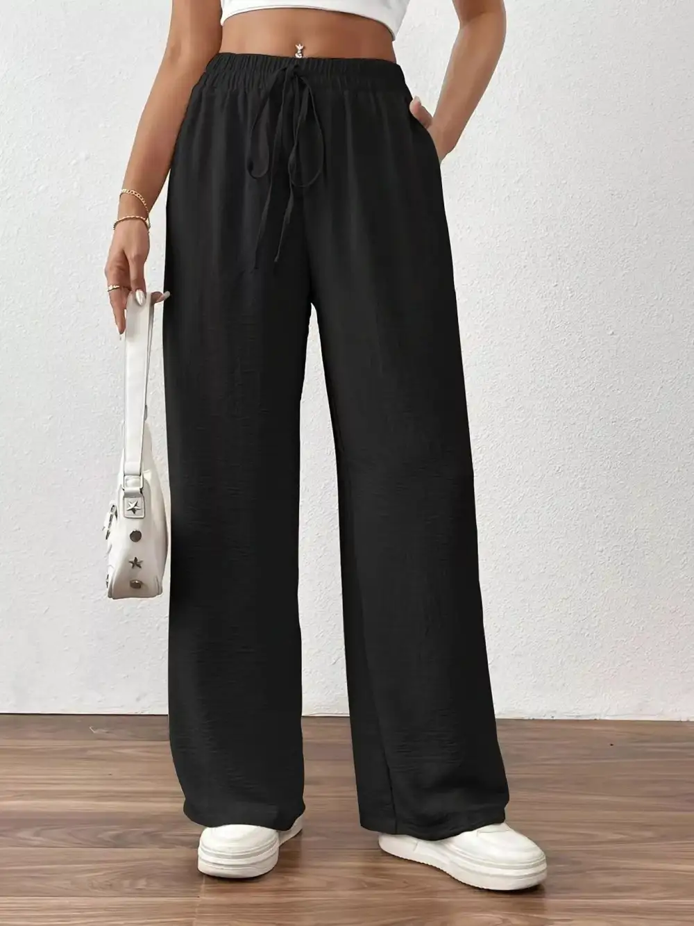 Relaxed Casual Drawstring Wide Leg Pants