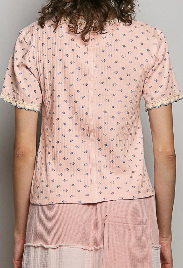Floral V Neck Short Sleeve Rib T