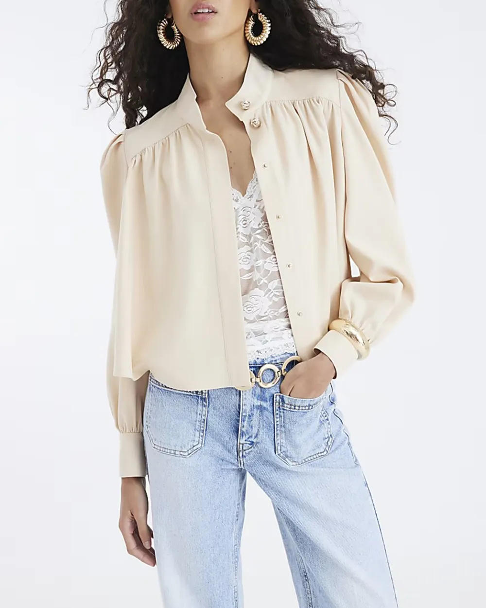 High Neck Women's Beige Shawl Time Jackets