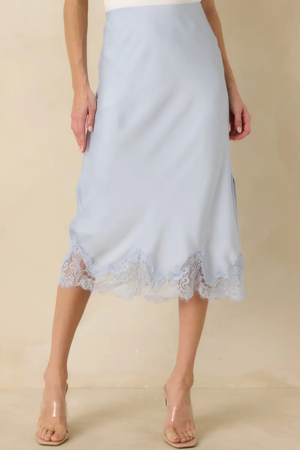 Call Me Later Powder Satin Lace Trim Midi Skirt