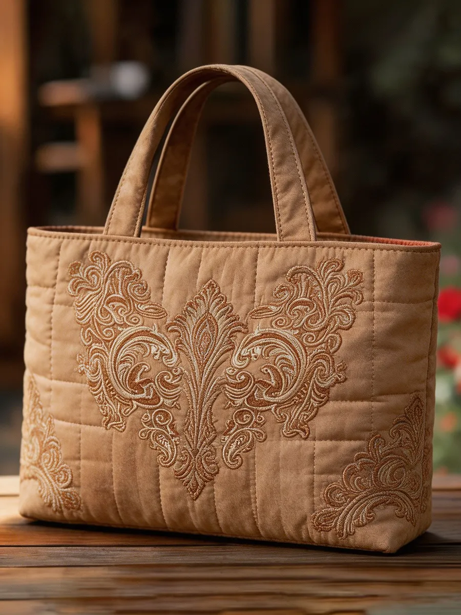 Women's Quilted Burgundy Paisley Embroidered Tote Bag
