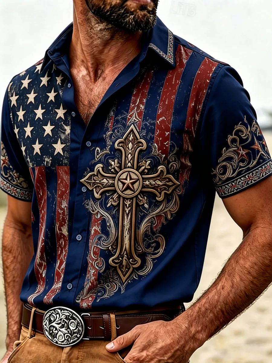Vintage American Flag Western Cross Button-Down Shirt