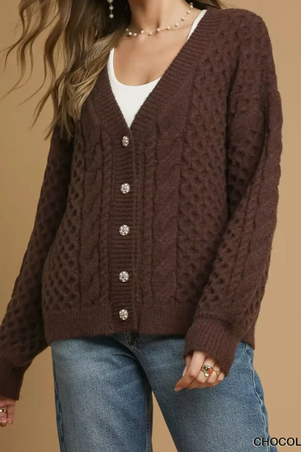 Cable-Knit Pearl Button Cardigan