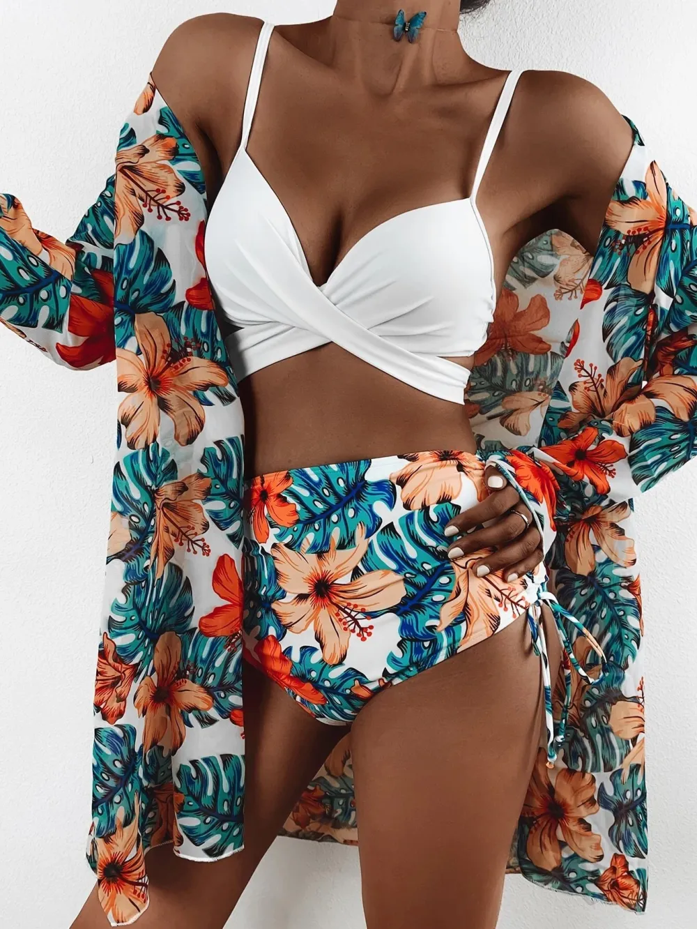 Printed High-waisted Bikini Chiffon Three-piece Swimsuit