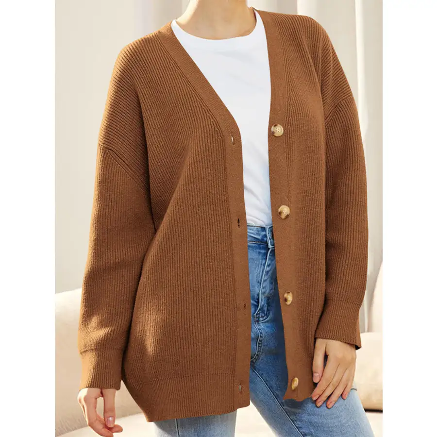 Button Down V Neck Long Sleeve Cardigan