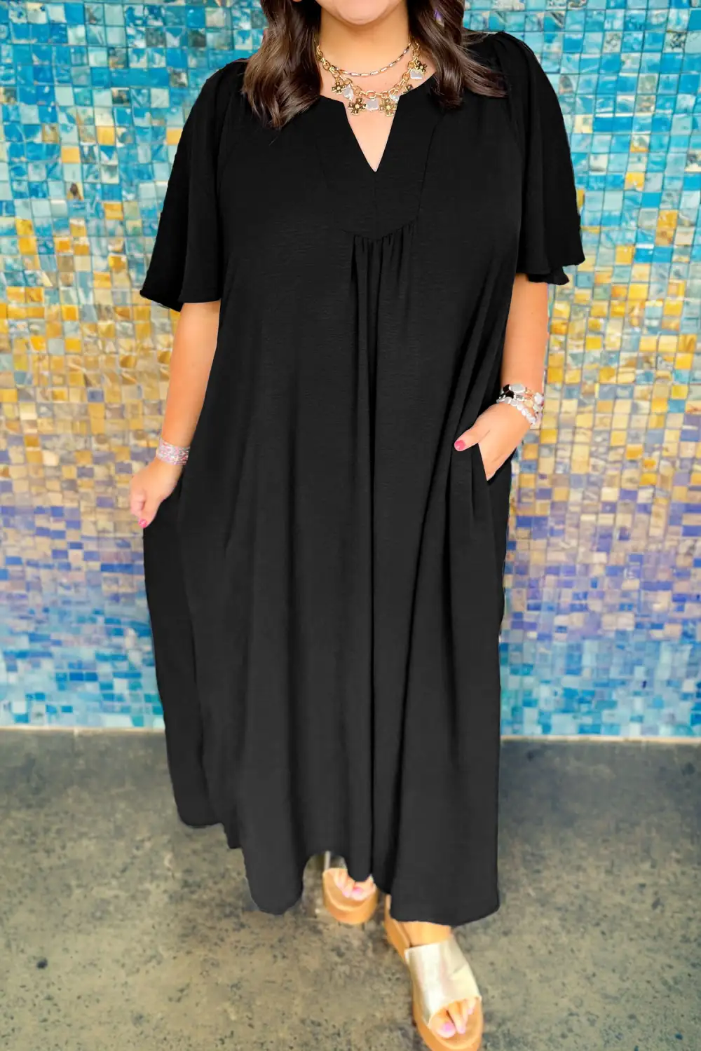 Split Neck Short Sleeve Dress Casual