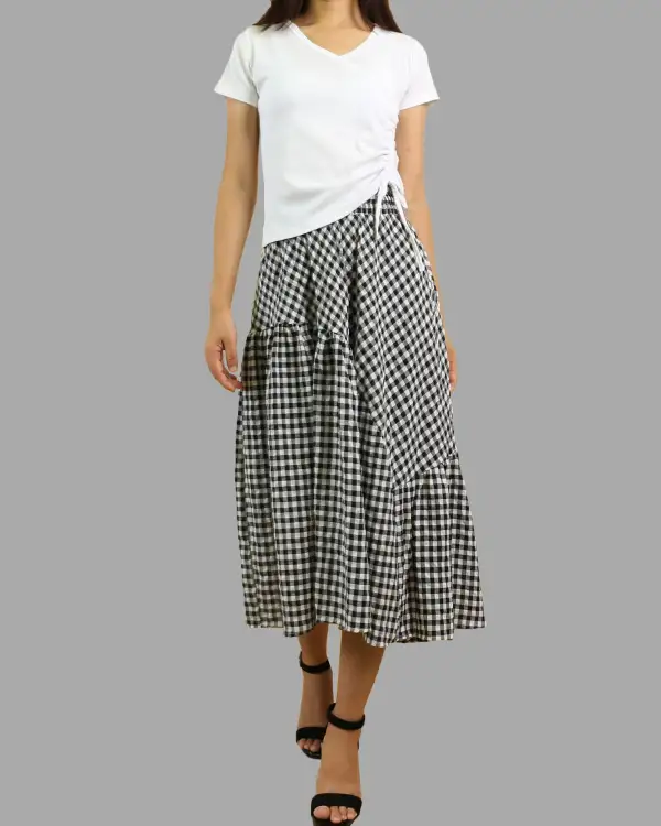 Plaid Linen Flared Midi Skirt