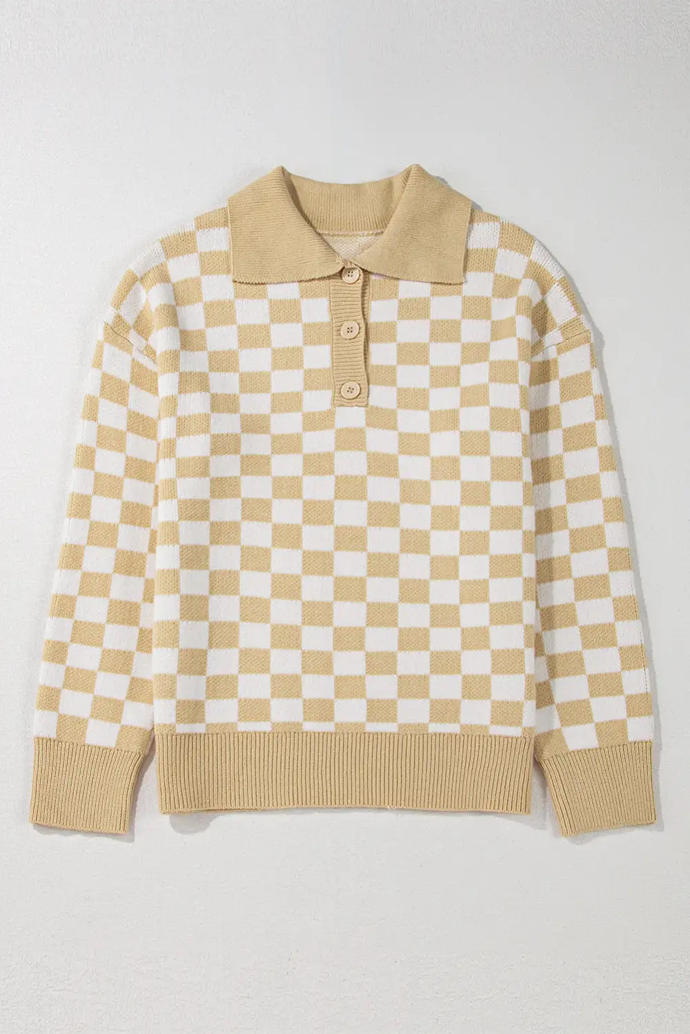 Checkered Collared Neck Long Sleeve Sweater