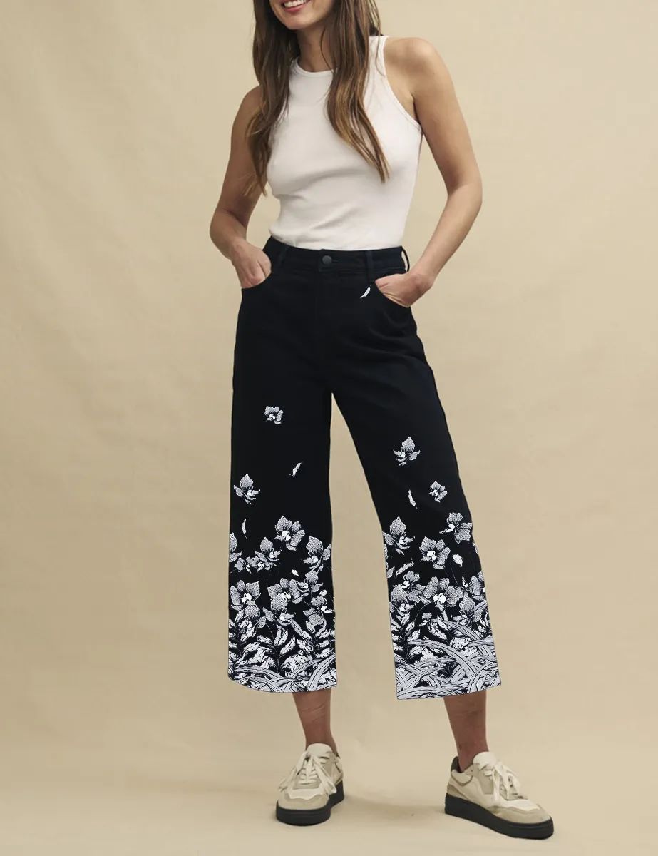 Black Cropped Denim High Rise Wide Leg Jeans