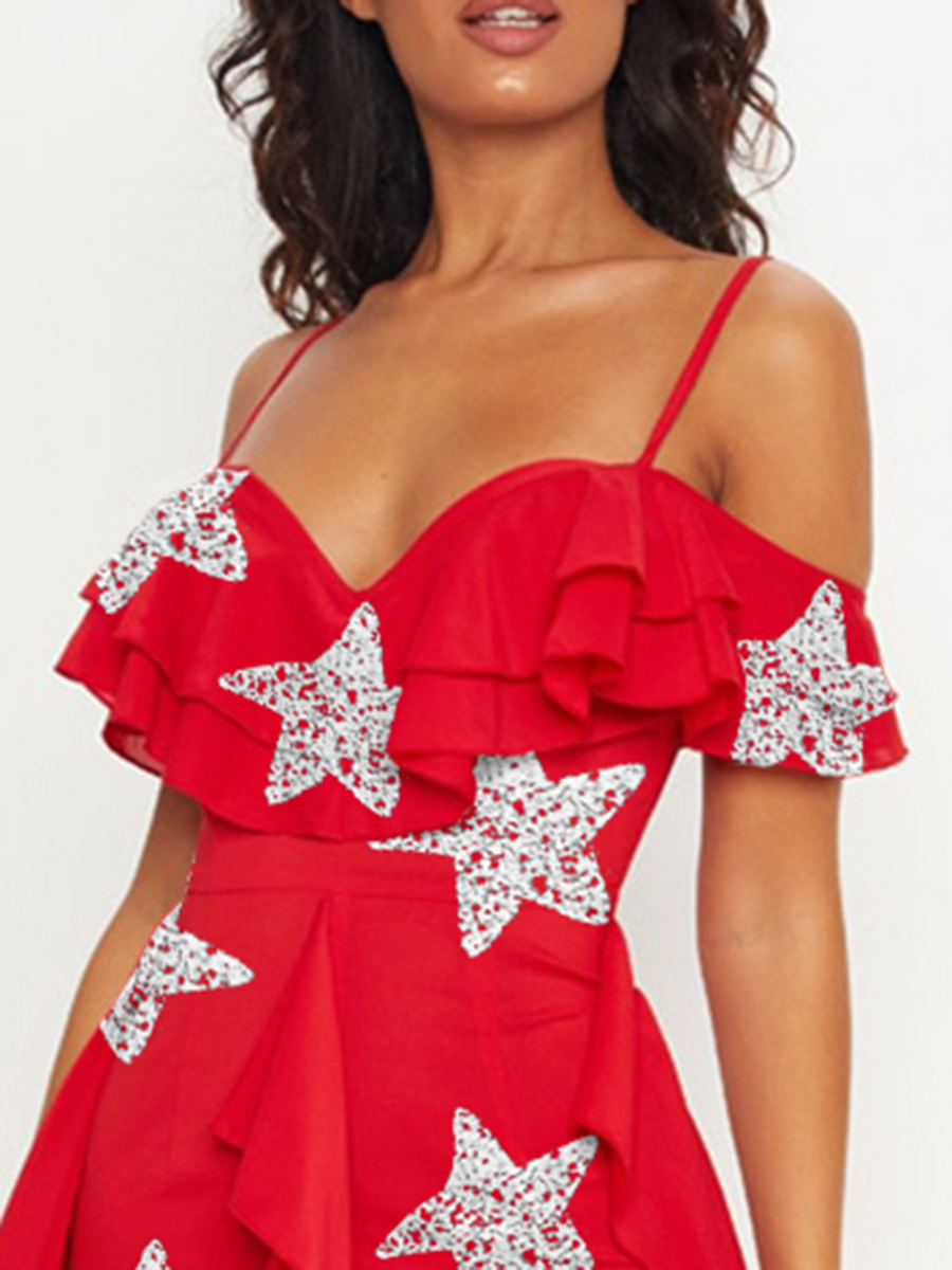 Red Cold Shoulder Ruffle Detail Maxi Dress