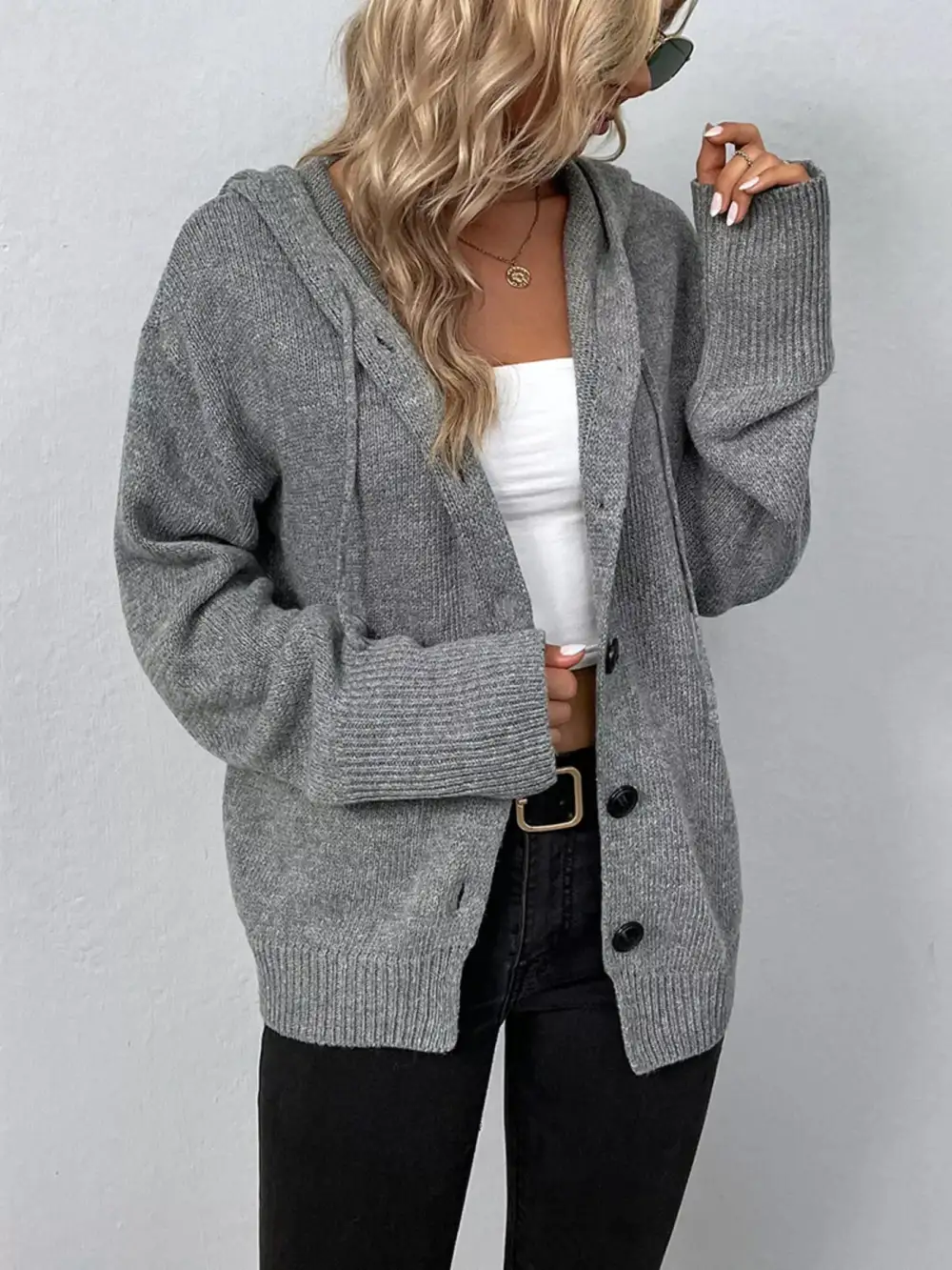 Full Size Cozy Knit Hooded Button Down Cardigan Plus Size