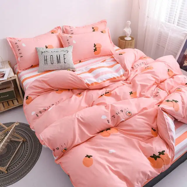 (Store Closing Sale) Flower Duvet Cover Bedding Set Peach Daisy Pastoral style Flat Bed Sheet