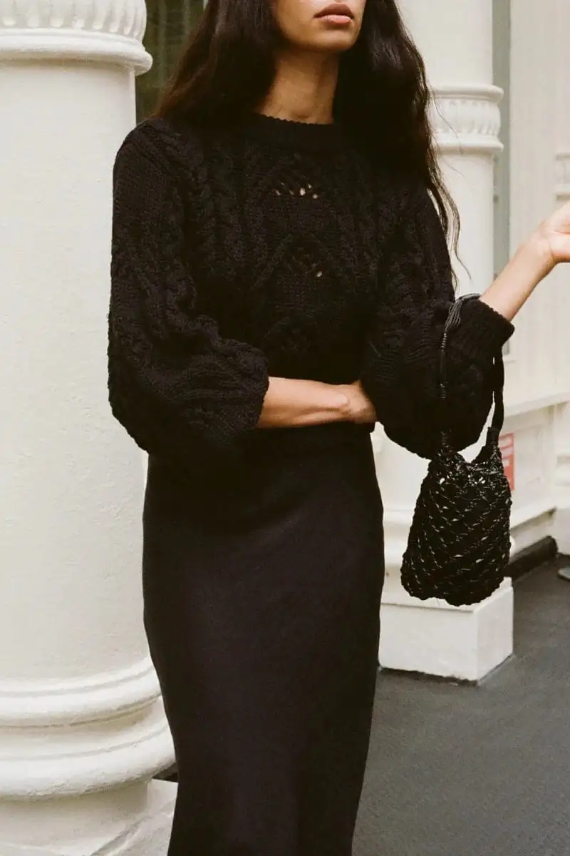 Casual Style Cotton Knit Black Jumper