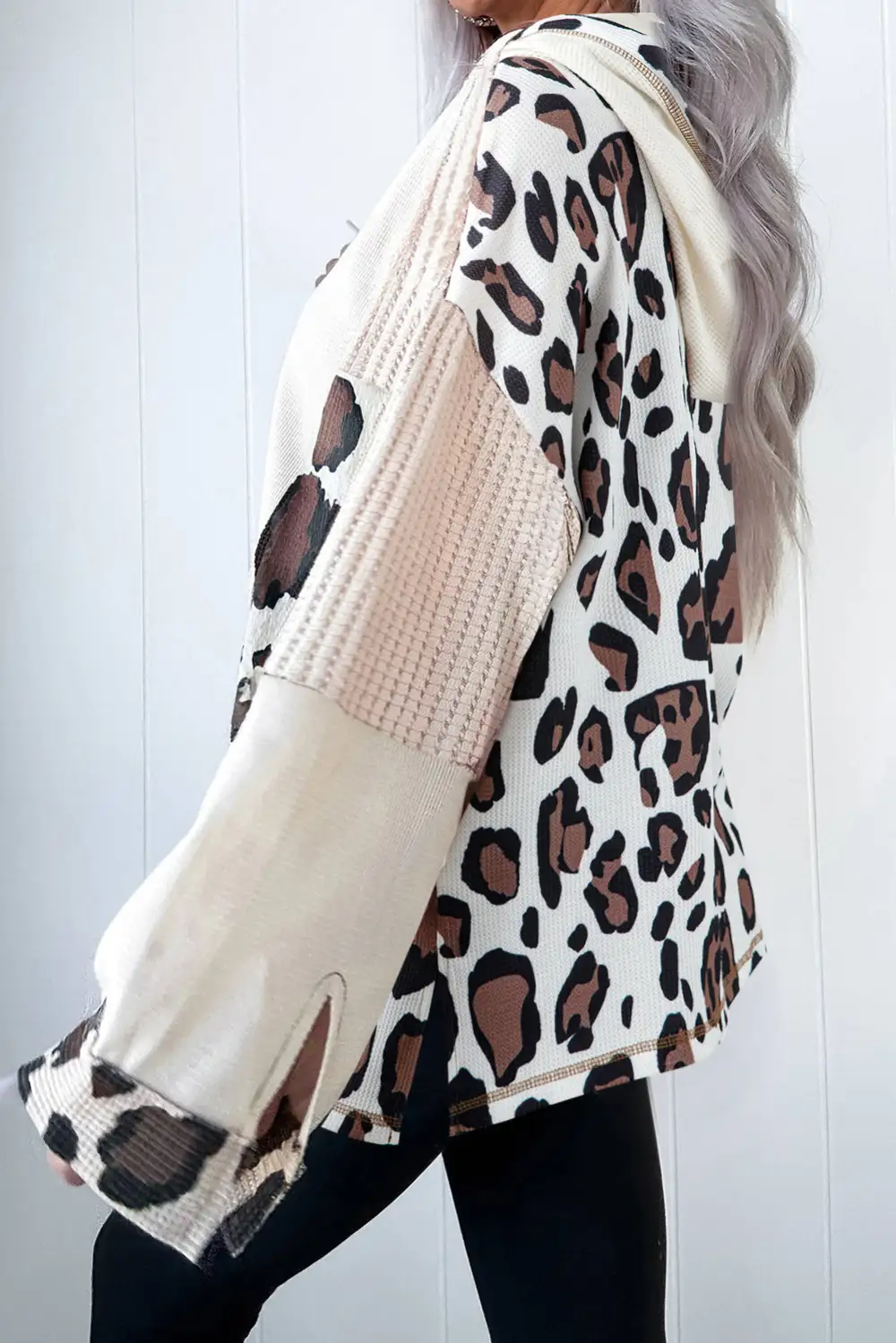 Relaxed Leopard Print Patchwork Zip Detail Hoodie