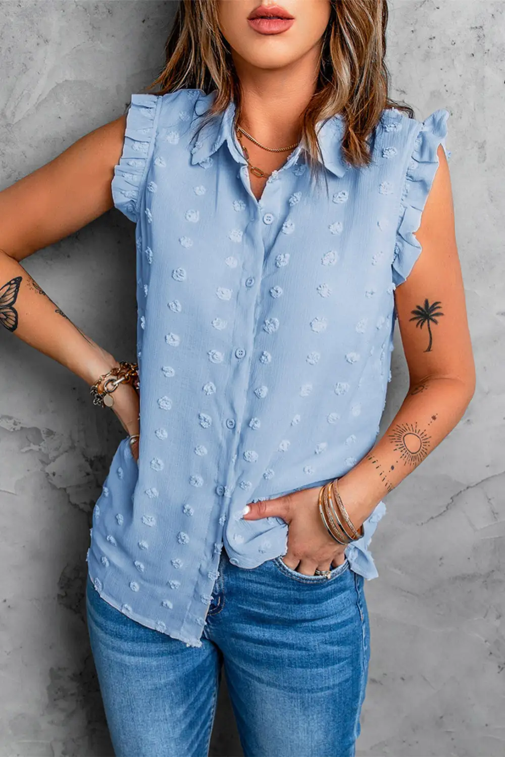 Turn-down Collar Ruffle Polka Dot Tank Top