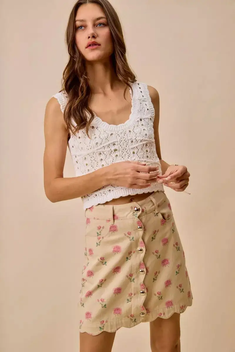 Button Front Cotton Blend Skirt