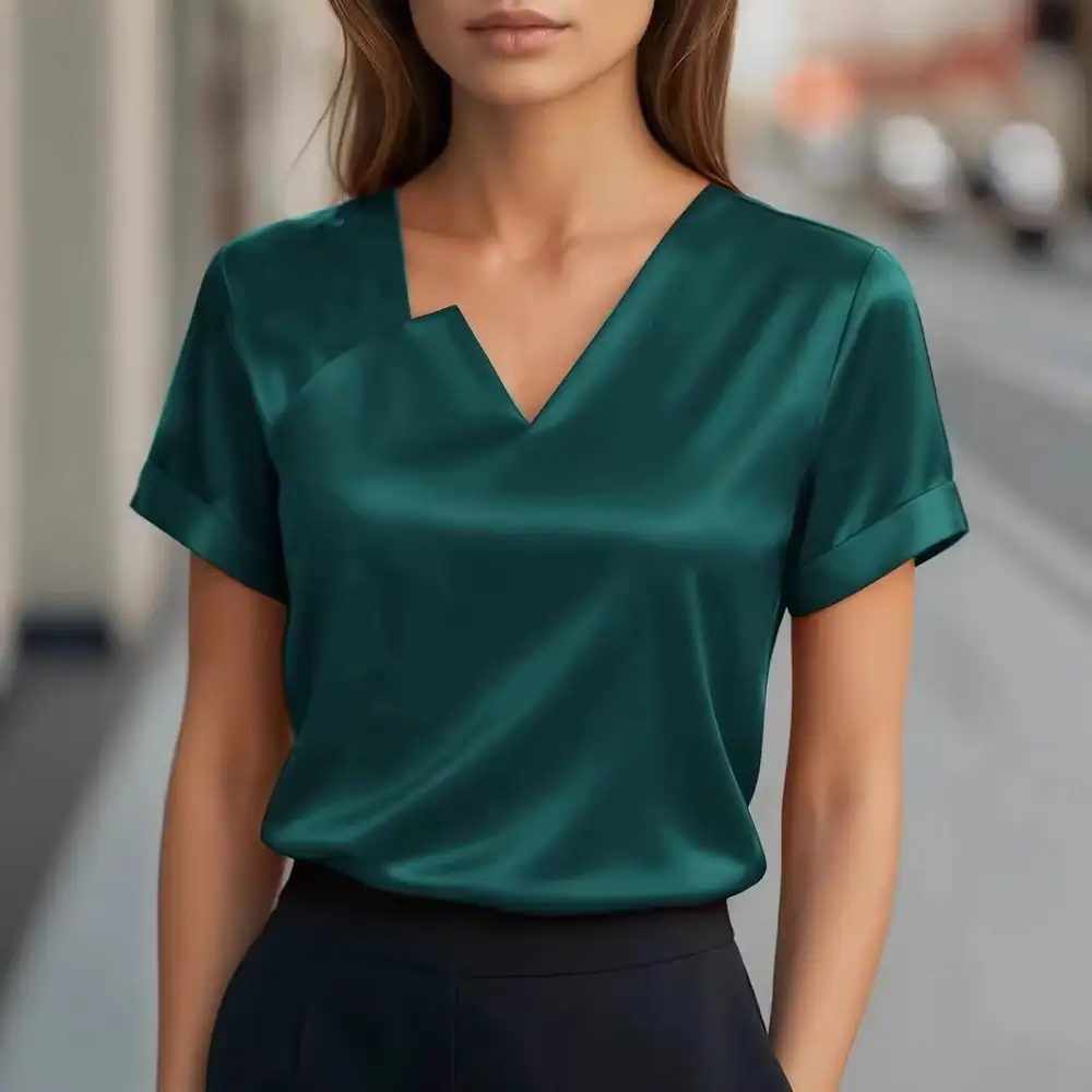 Asymmetric Satin V-Neck Shirt