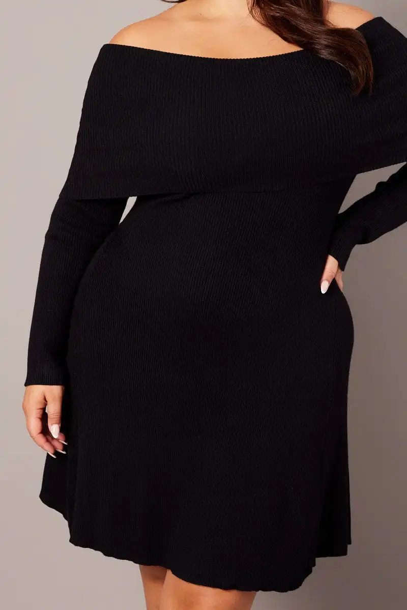 Black Off Shoulder Knit Mini Dress