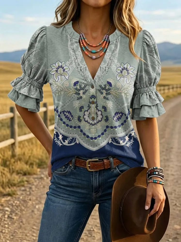 Women's Vintage Print Puff Sleeve Casual Shirt