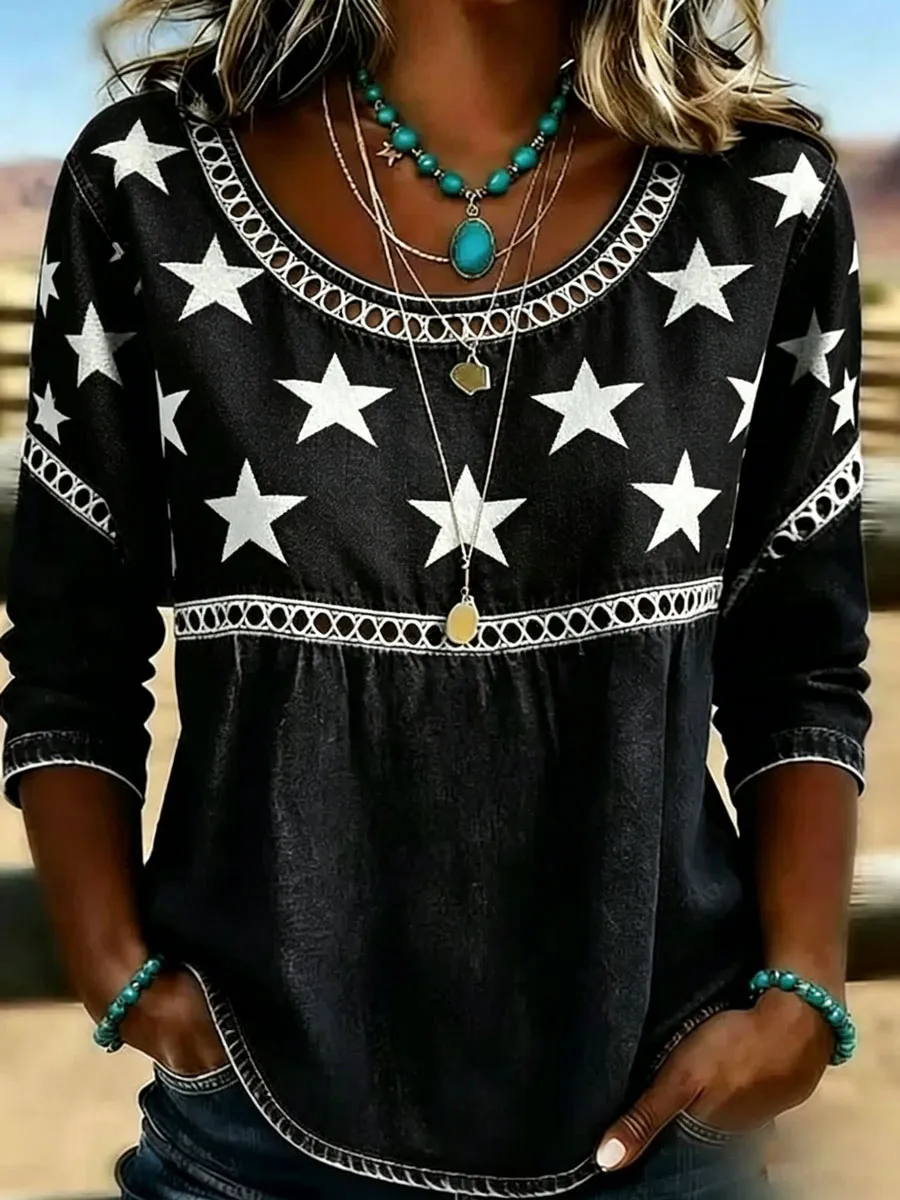 Women's Casual Round-Neck Printed Cotton-Linen Top