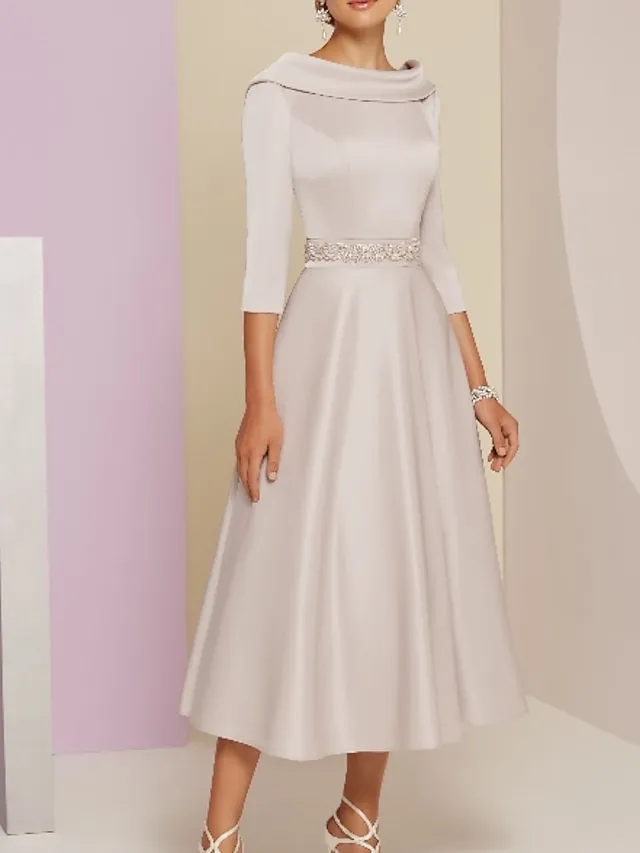 A-Line Mother of the Bride Dress Wedding Guest Elegant Vintage Plus Size Bateau Neck Tea Length Satin 3/4 Length Sleeve with Beading 2024