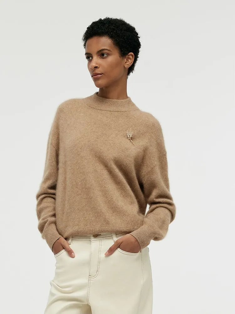 Cashmere Mock Neck Women Sweater With Wheat Ear Brooch