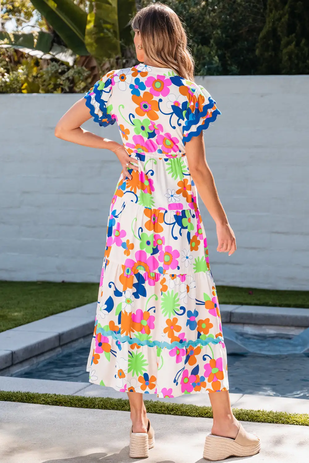Trim Flutter Sleeve Buttoned Floral Maxi Dress