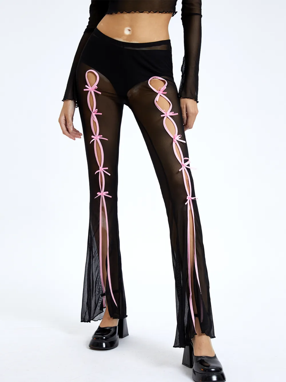 Y2K Black Cut Out Color Block Mesh Bottom Pants