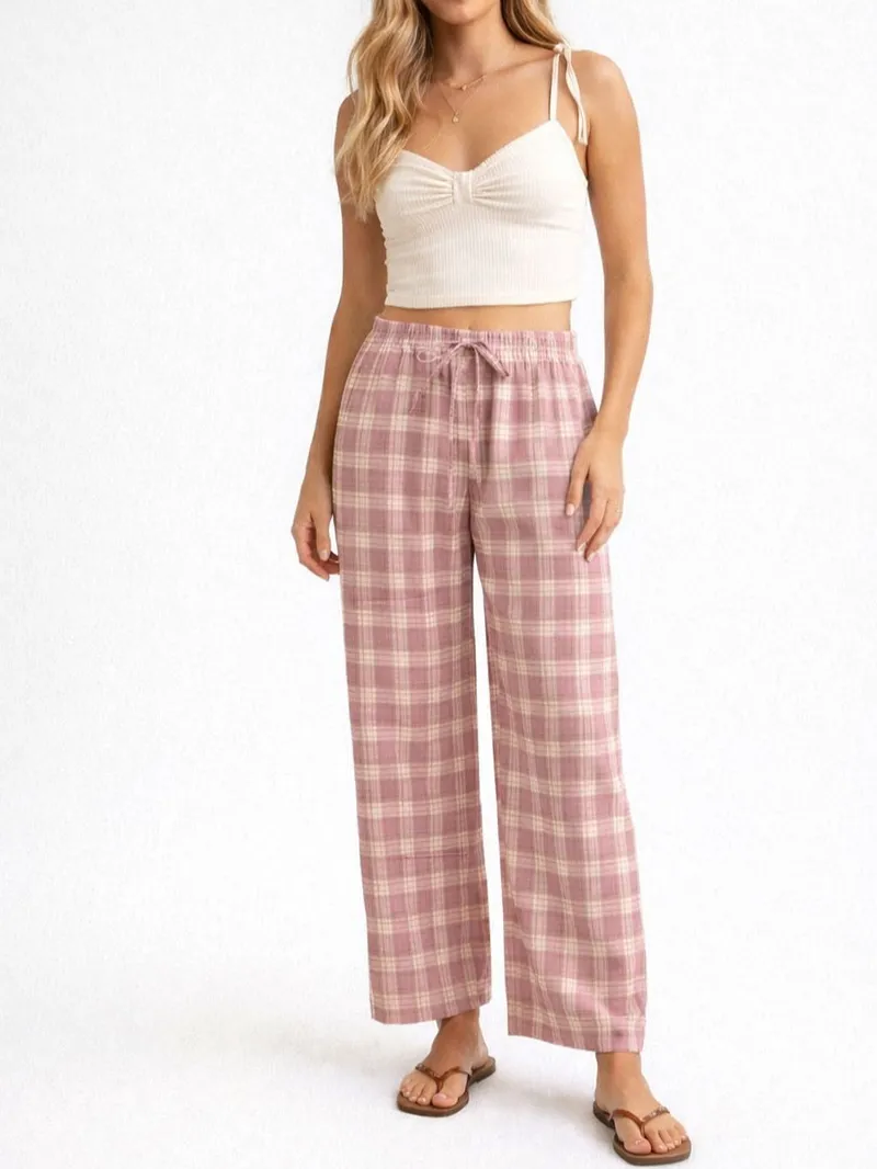 Checked Elastic Waist Drawstring Wide Leg Pants