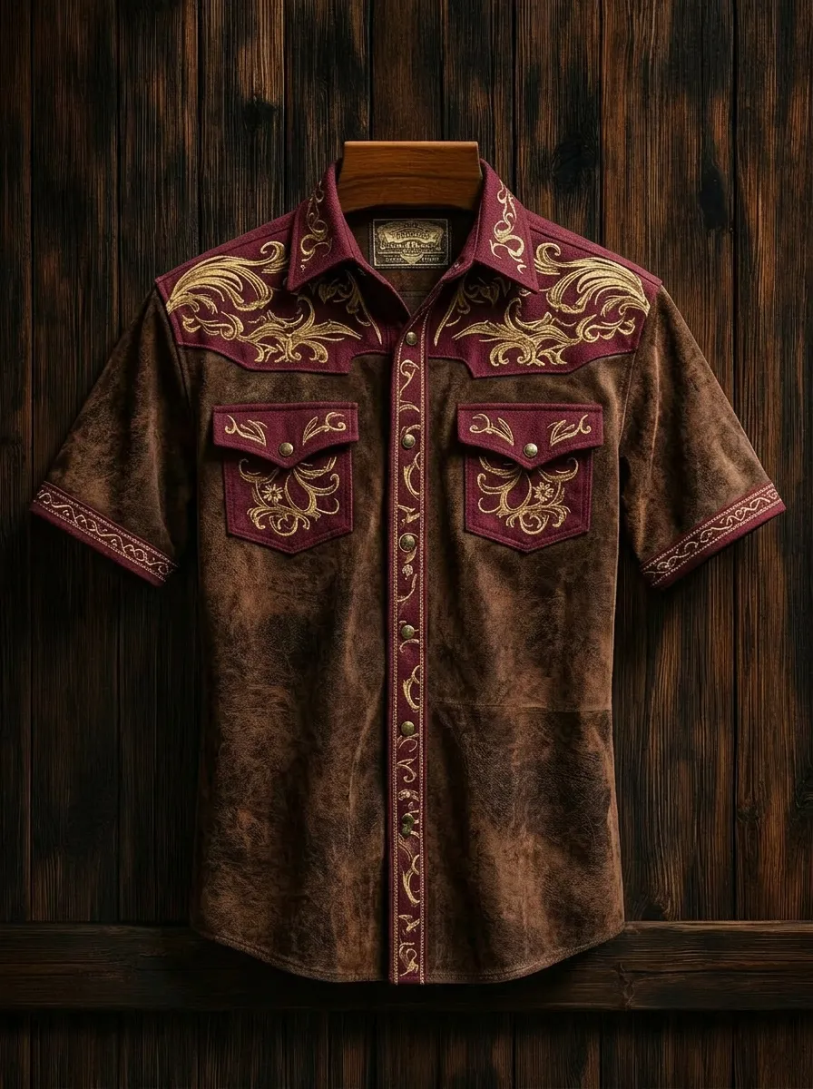Men's Western Style Floral Embroidery Suede Printed Shirt-2