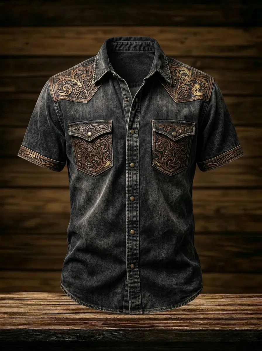 Men's Western Cowboy Floral Tooled Leather Printed Shirt