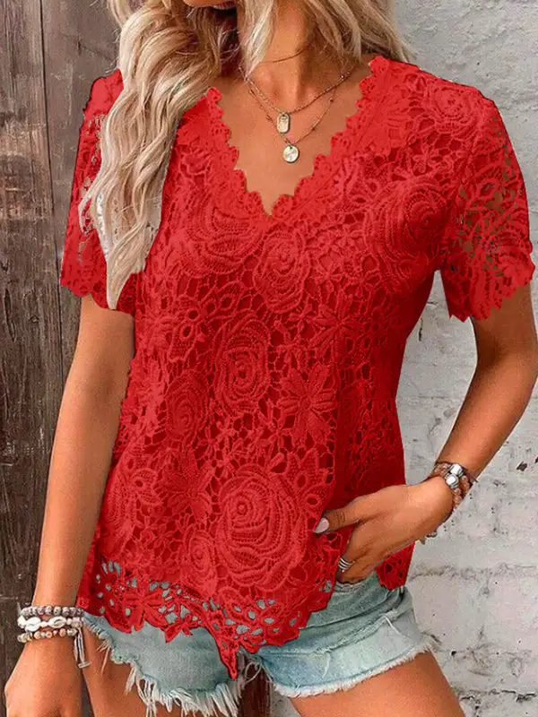 Relaxed Curve Fit Embroidered Cutout Panel Detail V-Neck T-Shirt