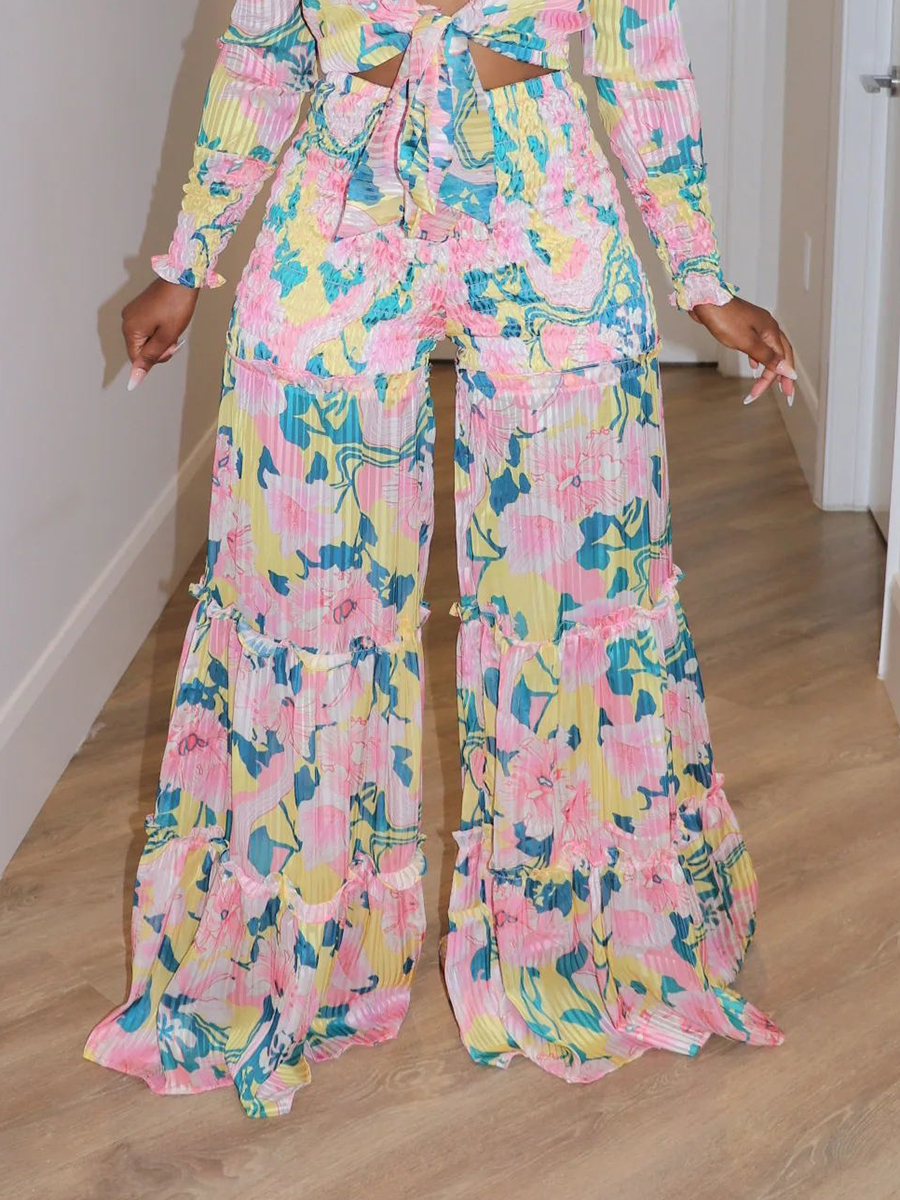 Pink Flower Pattern Strap Top Wide Leg Pants Set