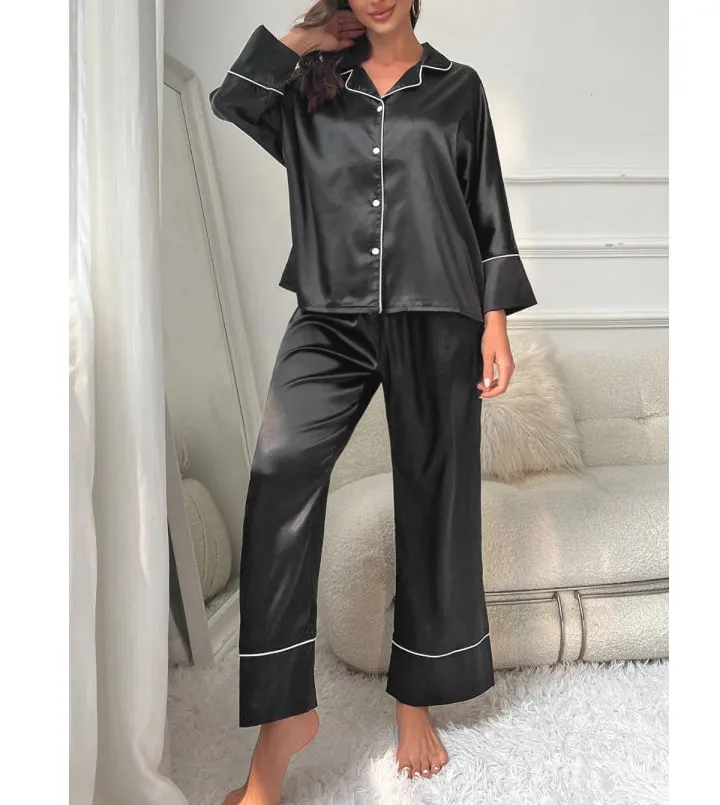 Contrast Piping Button Up Top and Pants Pajama Set
