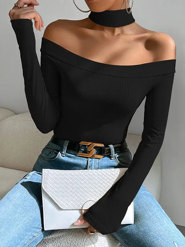 Long Sleeve Slim Fit Off The Shoulder T-Shirt