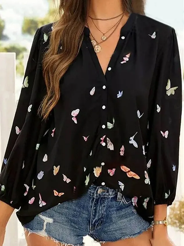 Colorful Butterfly Print Chiffon Long Sleeve Shirt