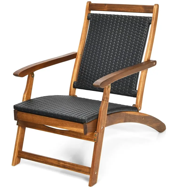 Acacia Wood Folding Wicker Patio Chaise Lounge Chair with Retractable Footrest