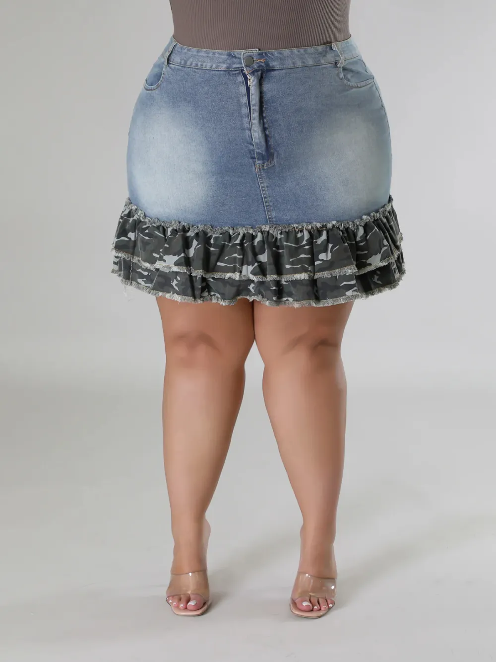 Plus-Size Fashion Women'S Camouflage Ruffled Denim Skirt