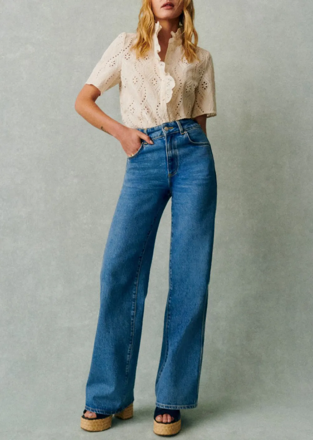 High-Rise Straight-Leg Solid Cotton Jeans