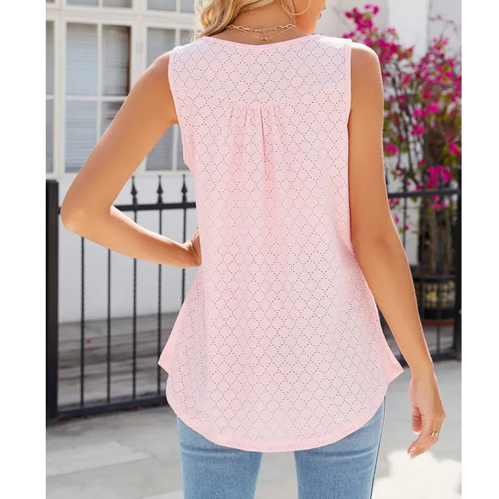 Eyelet Buttoned Round Neck Tank