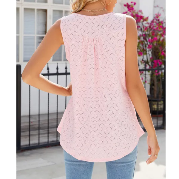 Eyelet Buttoned Round Neck Tank