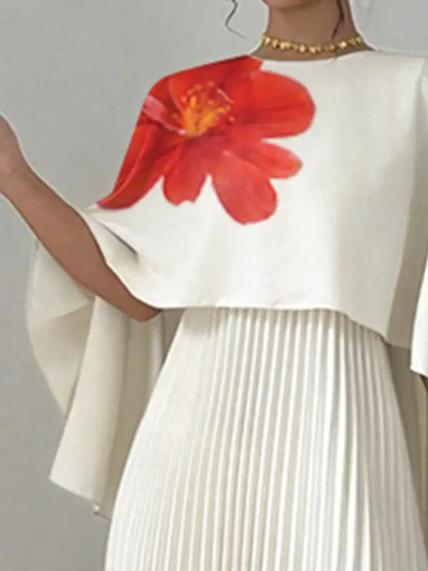 Pleated Floral Printed Neck Maxi Dress