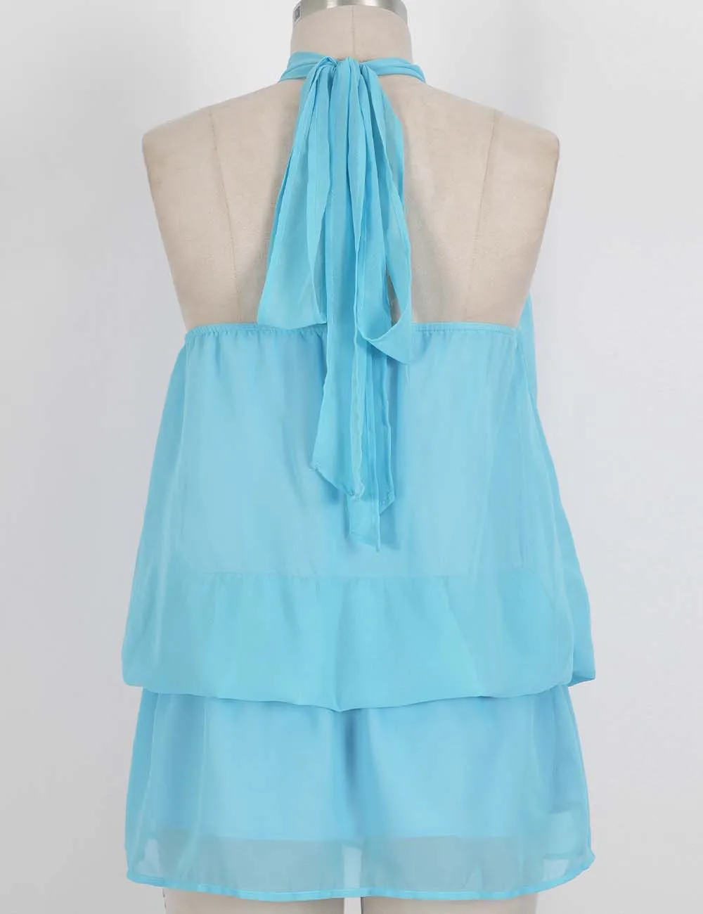 Chiffon Stand Neck Solid Color Ruffle Hem Sleeveless Top