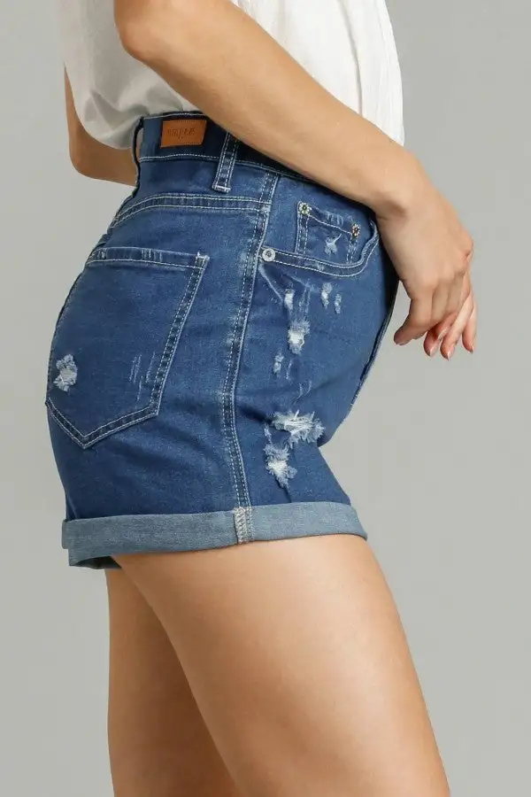 Umgee 5 Pockets Distressed Detail Stretch Denim Shorts with Folded Hem FINAL SALE