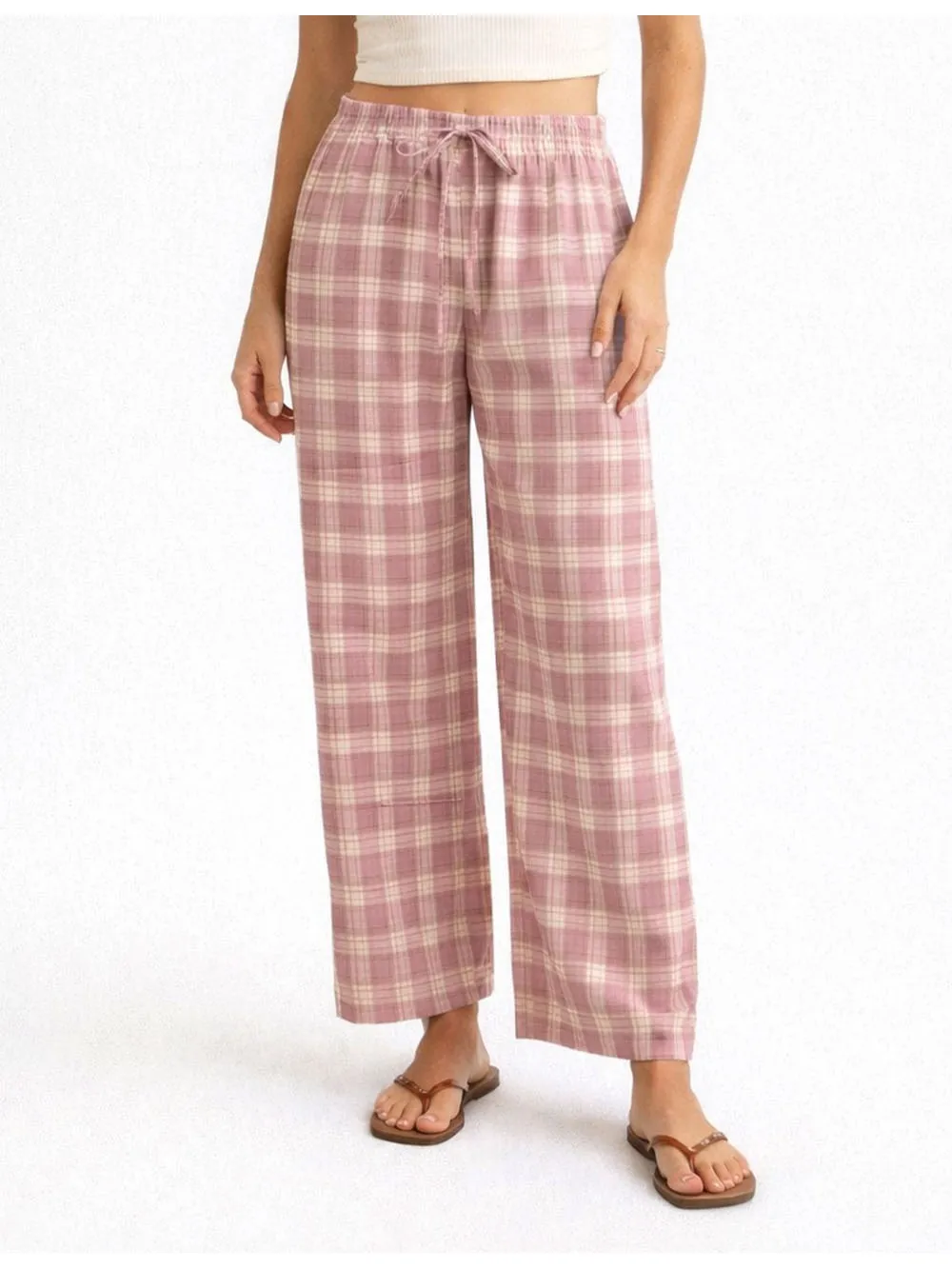 Checked Elastic Waist Drawstring Wide Leg Pants