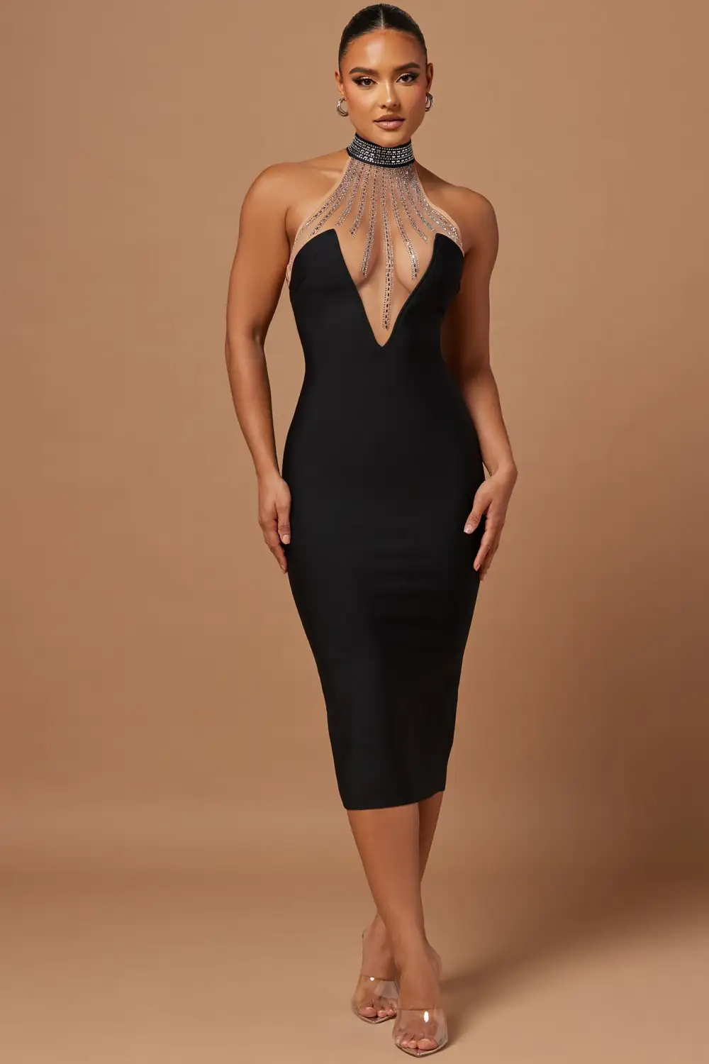 Lina Embellished Bandage Midi Dress - Black