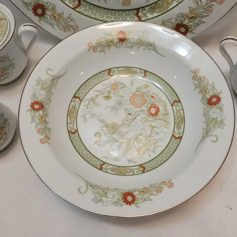 Vintage Mikasa Kabuki China-CHOICE-Serving Bowl-Chop Plate-Cream & Sugar-Green Floral Retro Dinnerware Platinum Trim