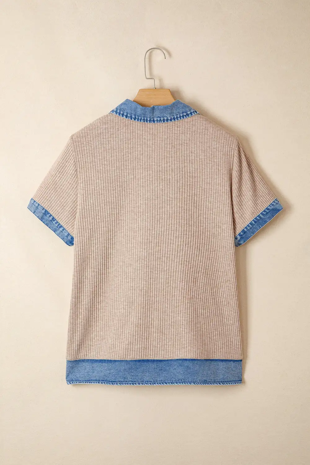 Beige Ribbed Knit Denim Color Block Patchwork Button Detail Collared Blouse