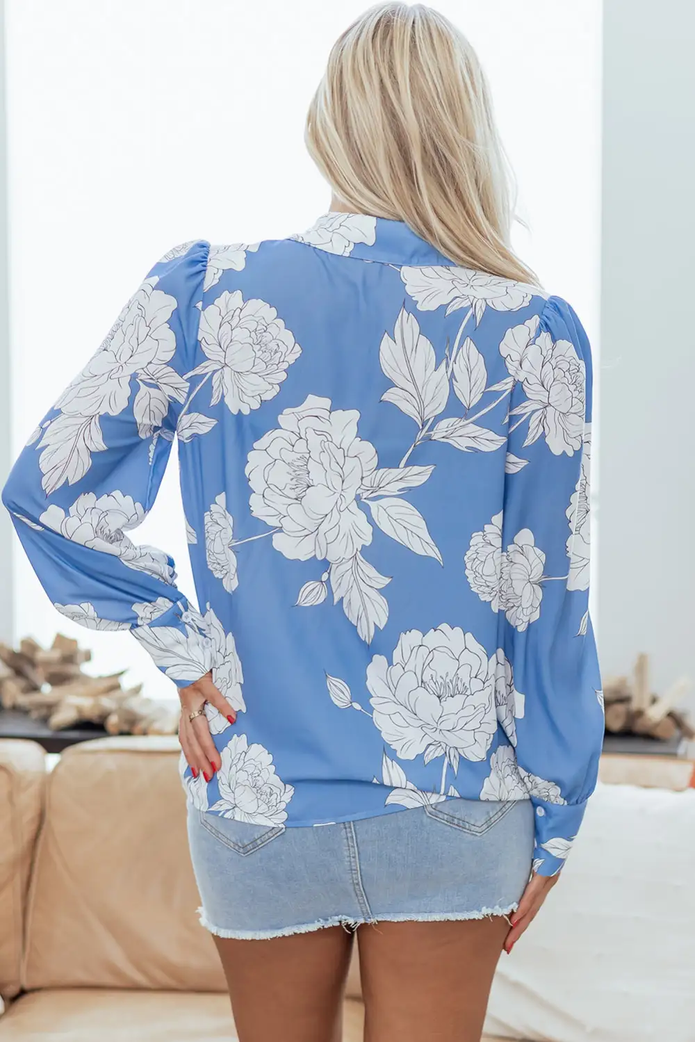 Floral Pleated Button Front Shirt Blouse
