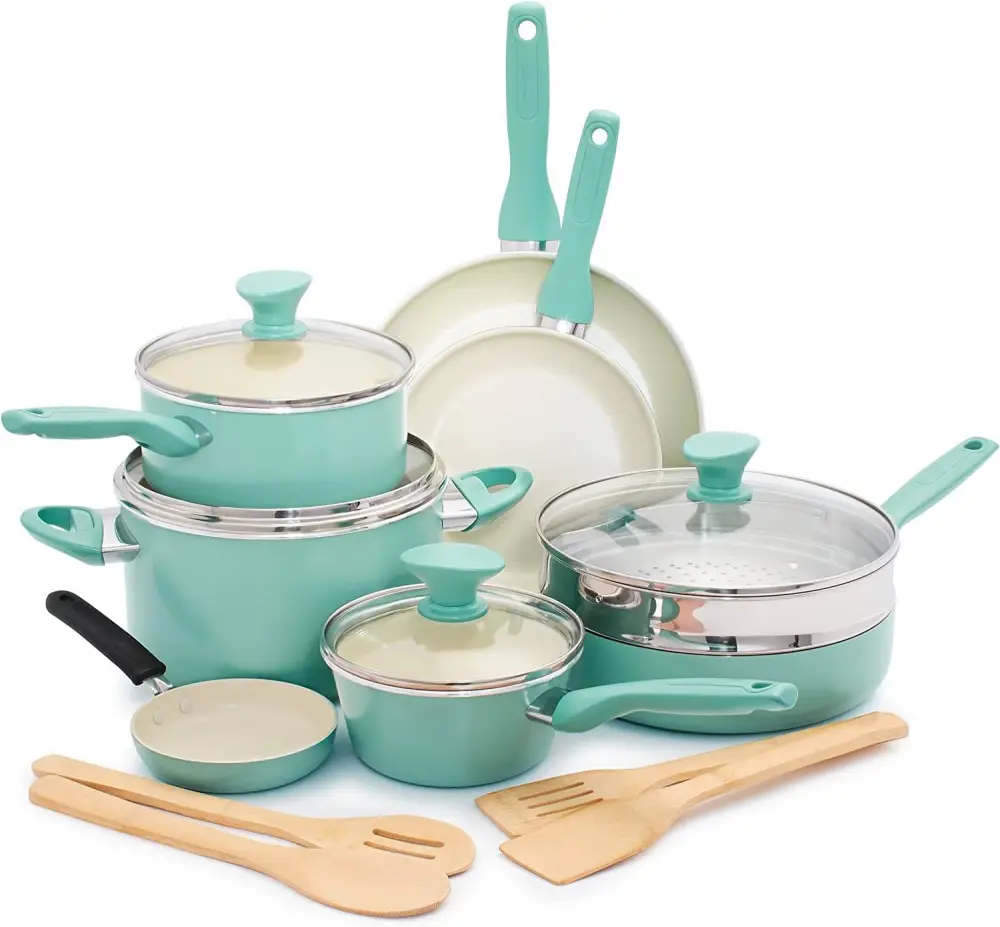 Rio Healthy Ceramic Nonstick 16 Piece Cookware Pots and Pans Set, PFAS-Free, Dishwasher Safe, Turquoise